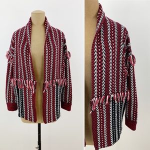 Red Black Cupcake Cashmere Chevron Fringe Open Cardigan Sweater Jacket Medium M